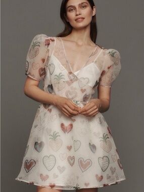 Farm Rio Sheer Heart Print Puff Sleeve Dress - White